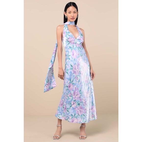 NWT Lulus Malani Light Blue Floral Satin Sash Midi Dress Halter Wedding Size S - Picture 1 of 8